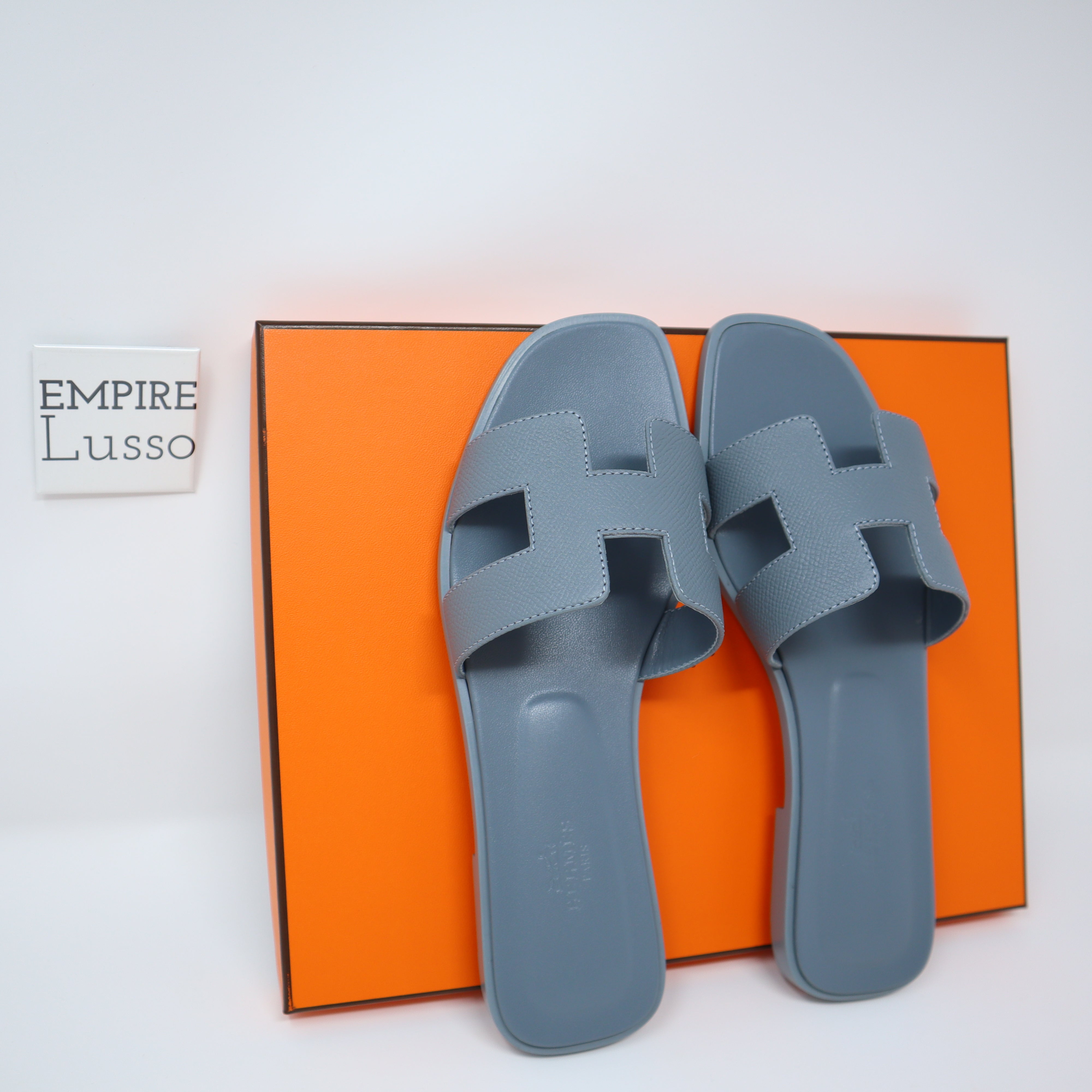 37 NEW HERMES ORAN H SANDALS SLIPPERS EPSOM BLUE GLACIER – Empire