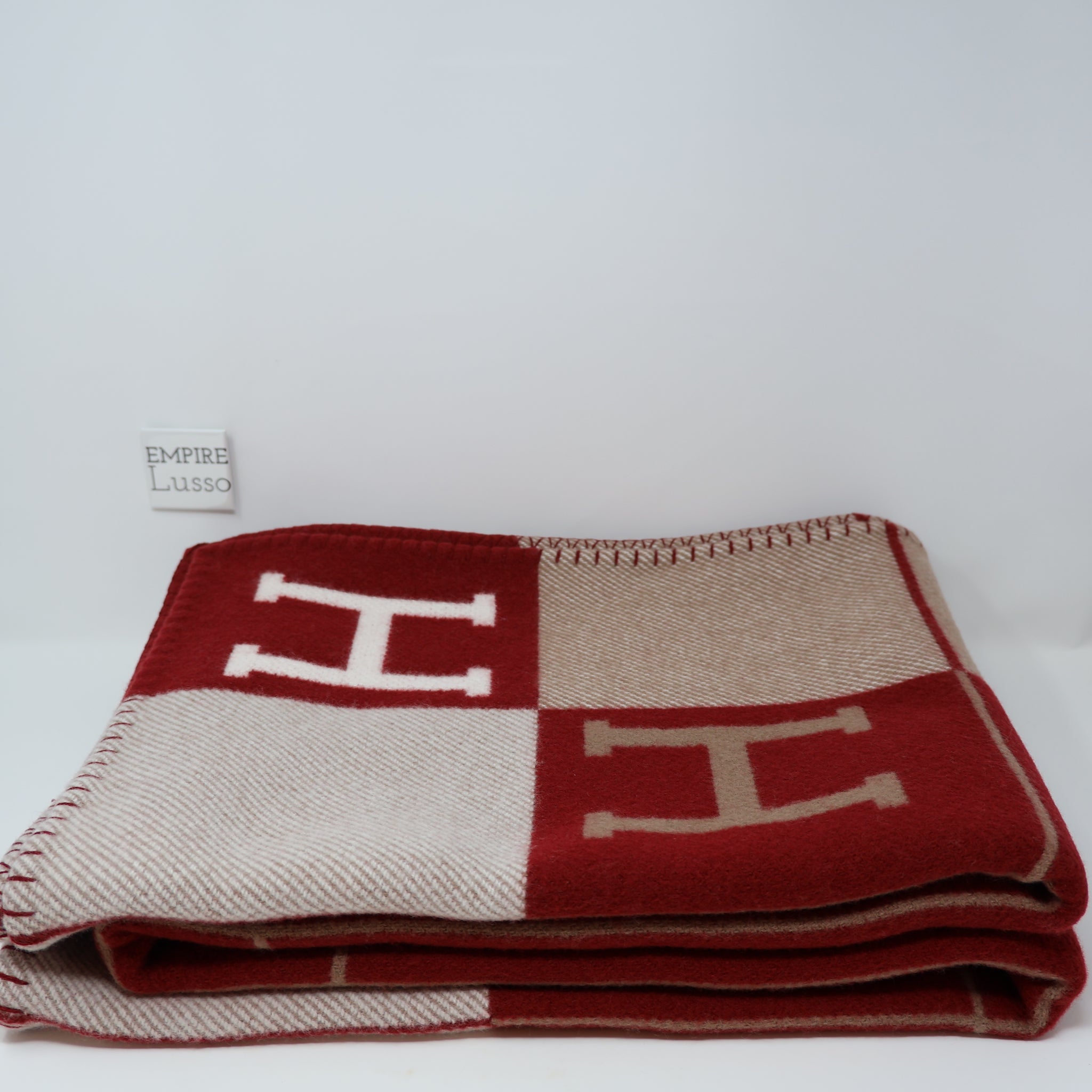 $2000 NEW HERMES Avalon III throw blanket Wool Cashmere écru rouge