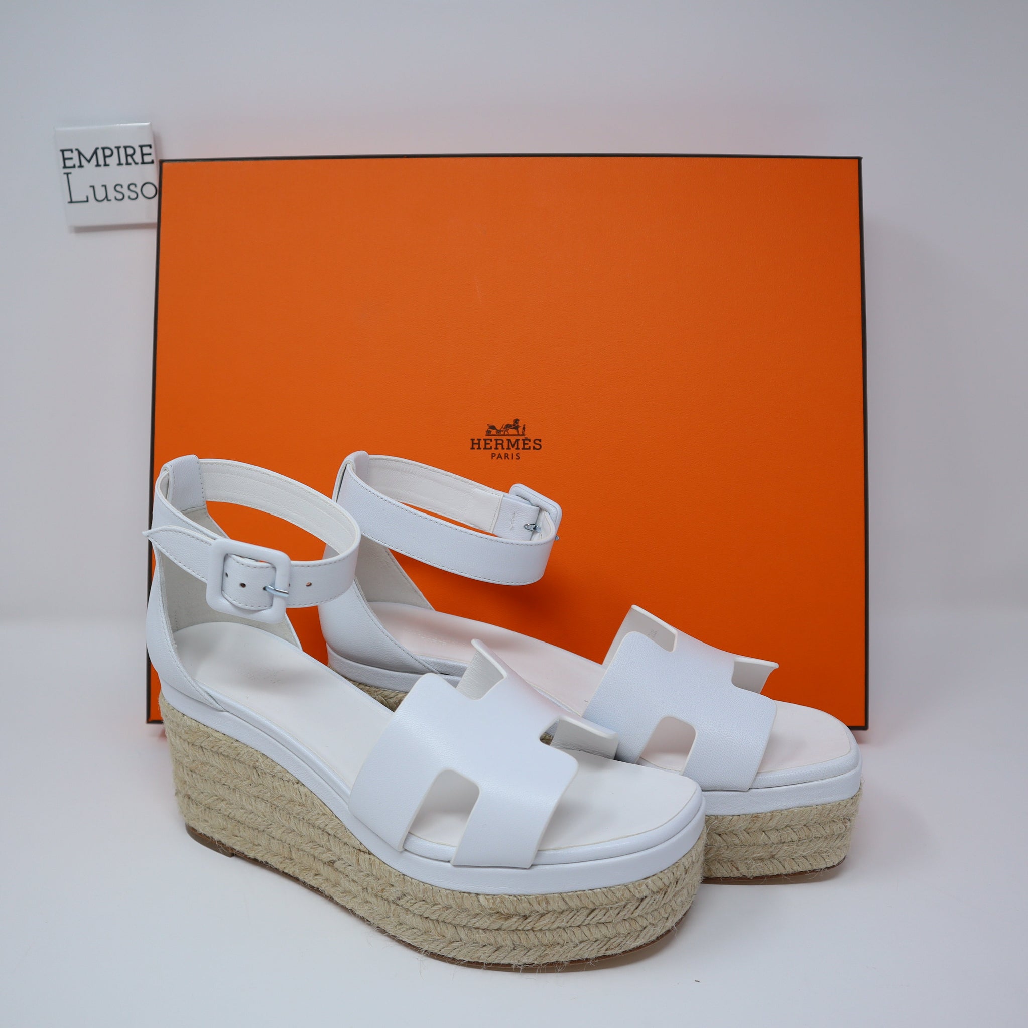 38 NEW HERMES ELDA ESPADRILLE WEDGE HEEL SANDALS WHITE BLANC