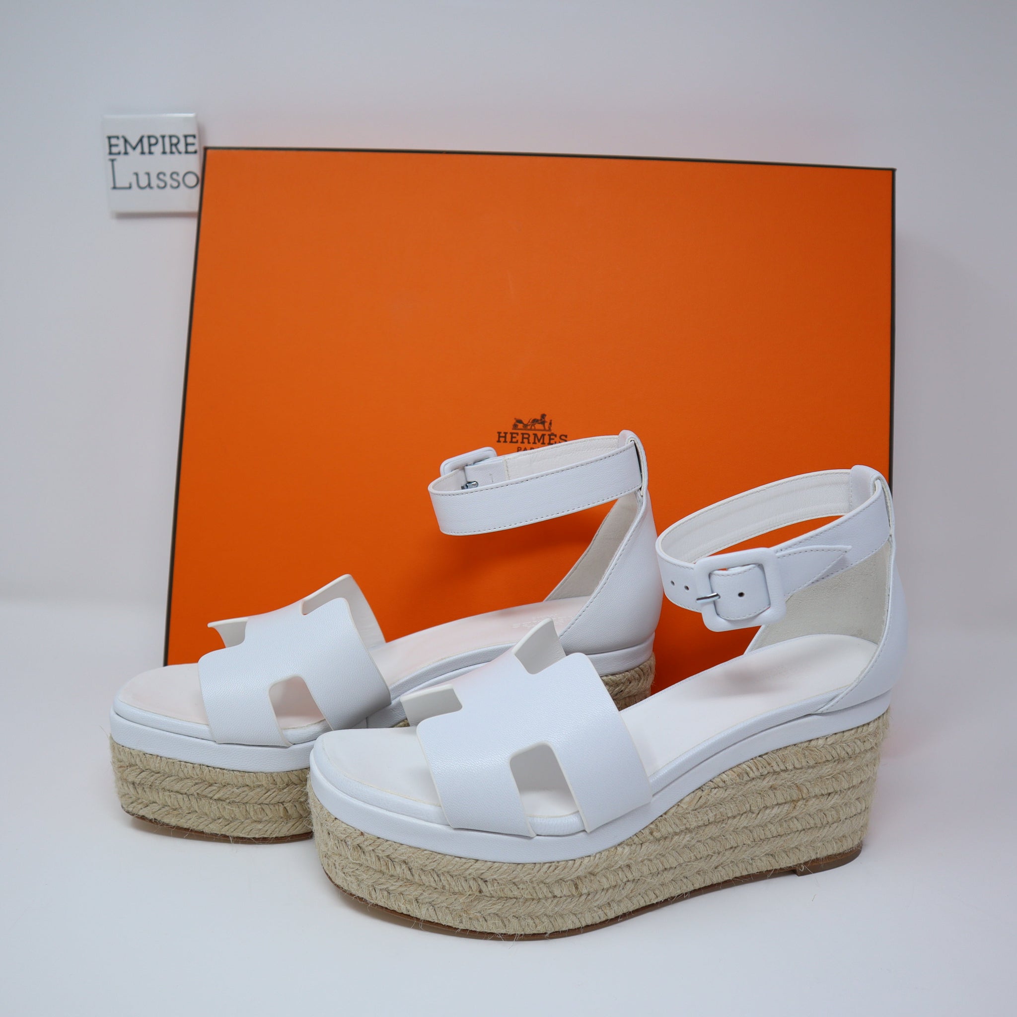 38 NEW HERMES ELDA ESPADRILLE WEDGE HEEL SANDALS WHITE BLANC