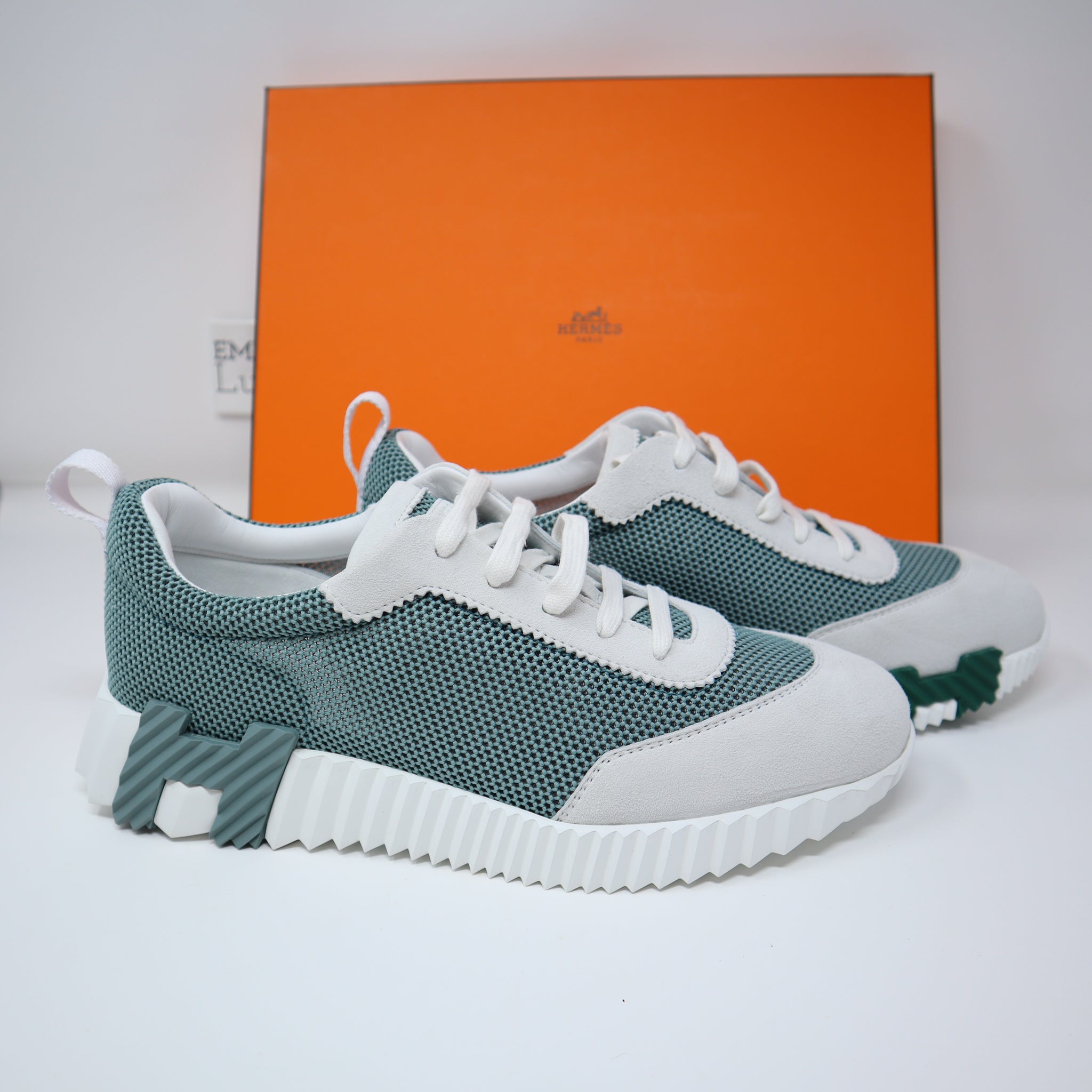エルメス HERMES $920 40 NEW HERMES Men Bouncing sneaker Vert D'eau / Blanc