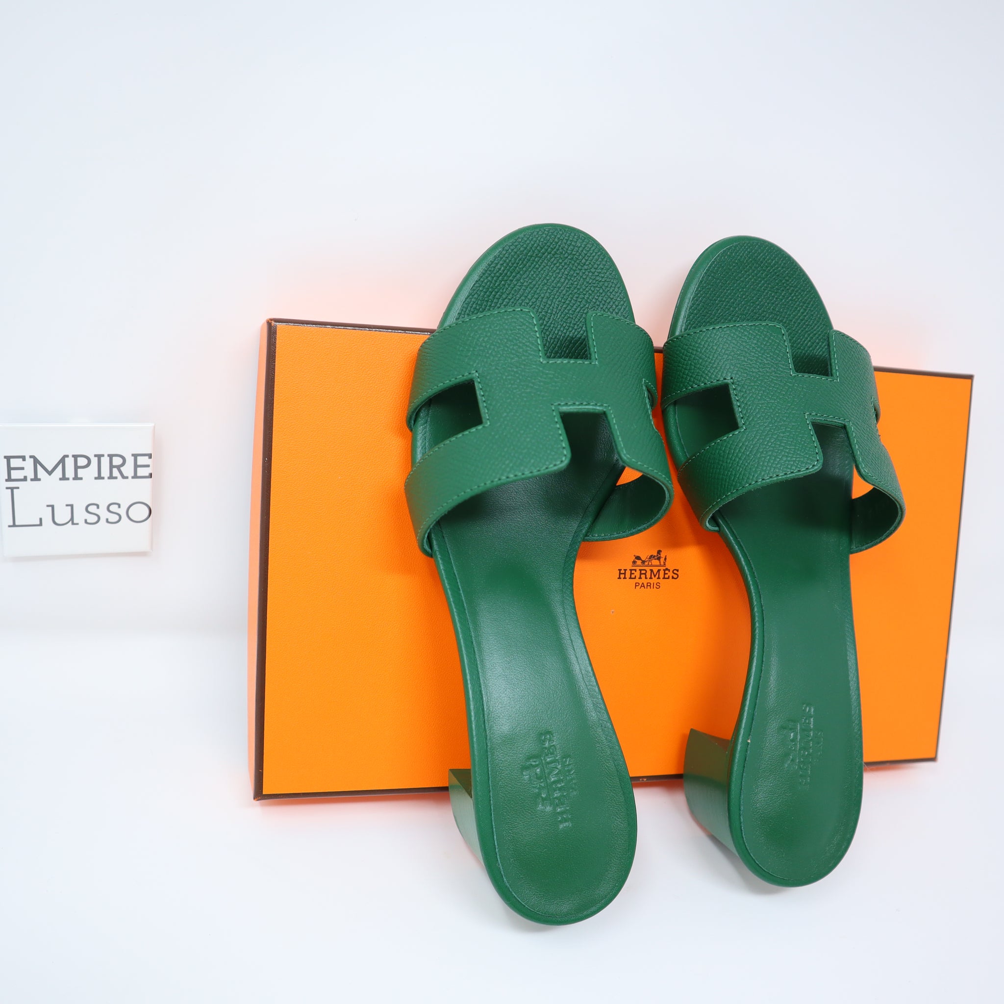 36.5 HERMES ORAN OASIS H SANDALS HEEL CLASSIC Epsom Cactus Green
