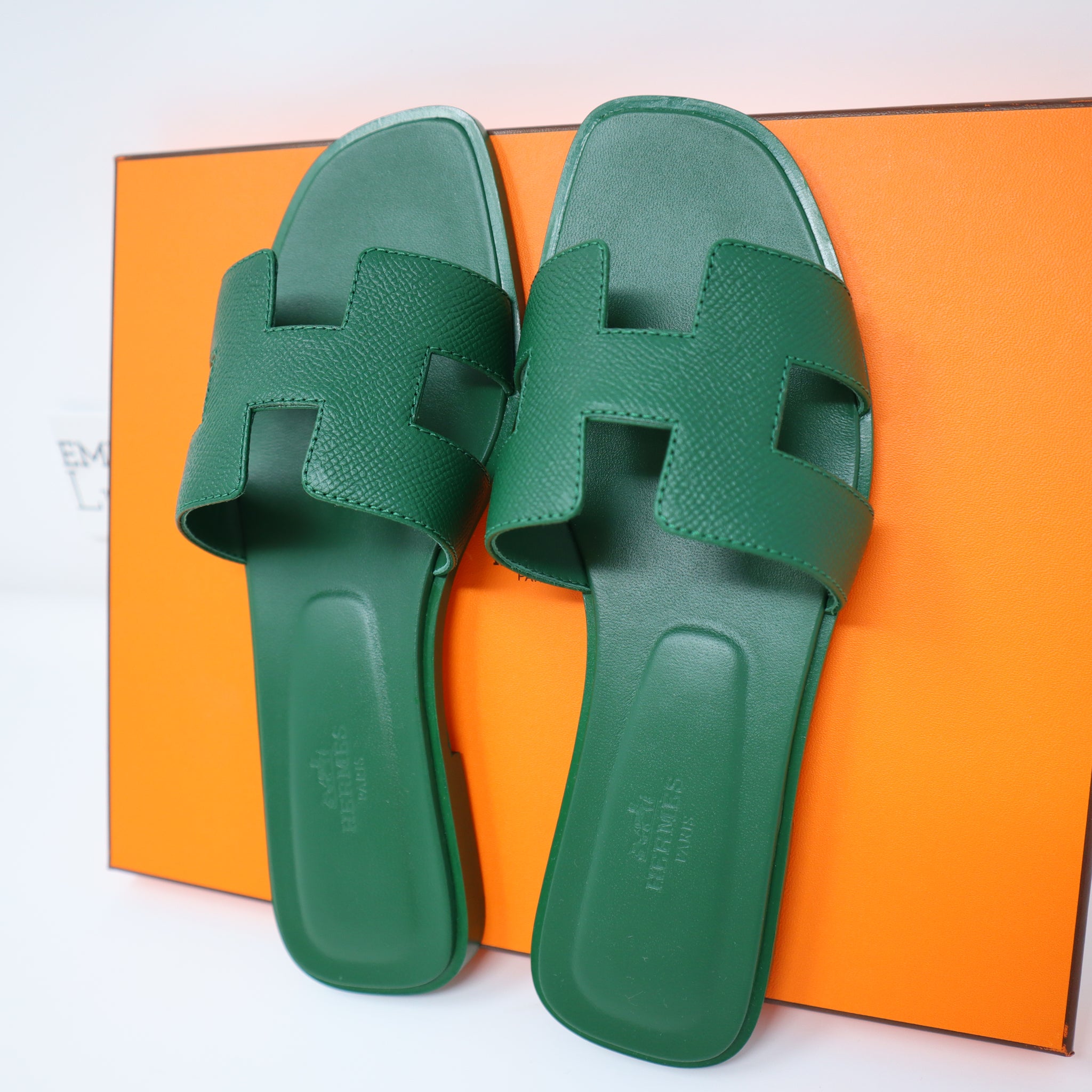 36.5 HERMES ORAN H SANDALS SLIPPERS CLASSIC Epsom Cactus Green