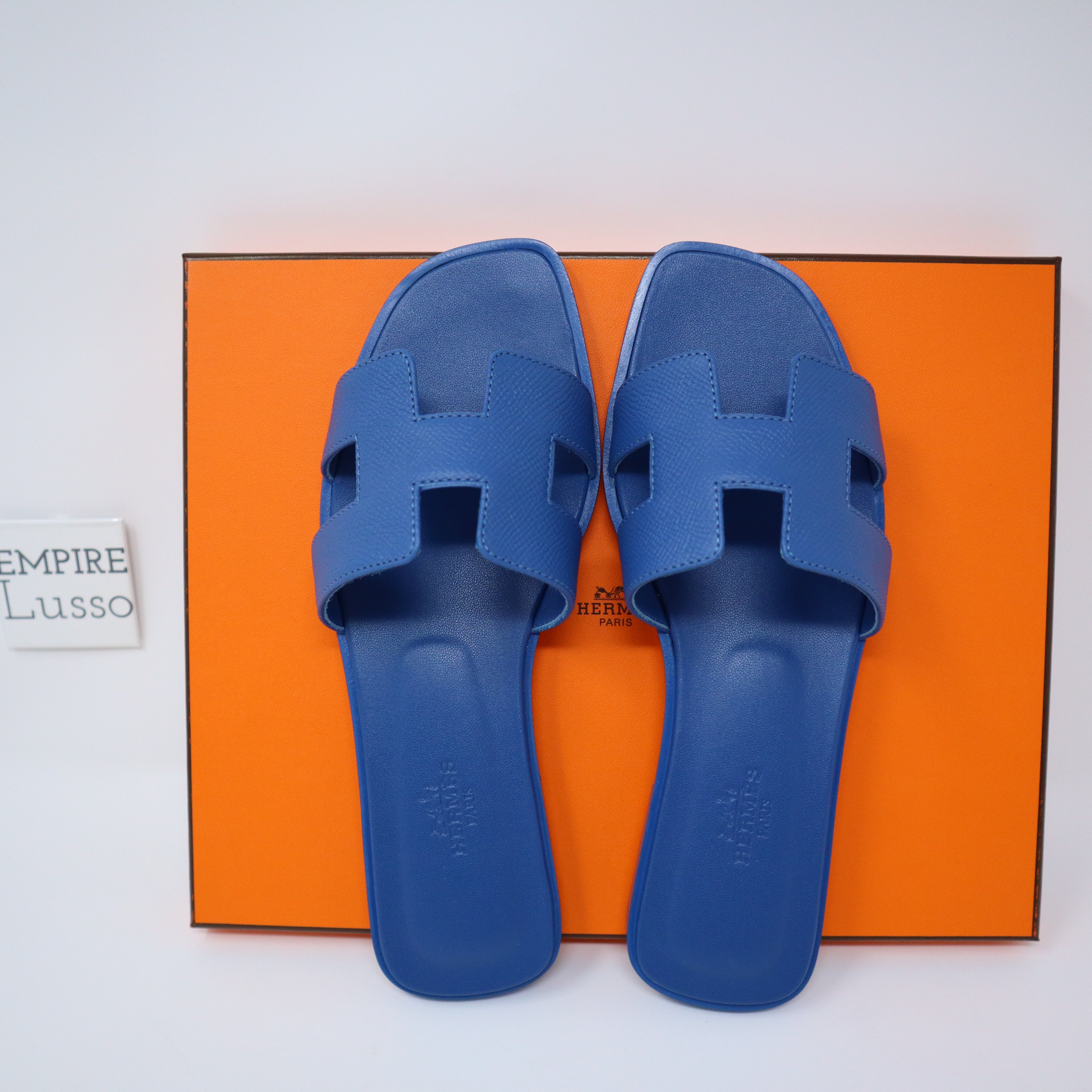 HERMES Calfskin Oran Sandals 37.5 Bleu Bleuet 647207
