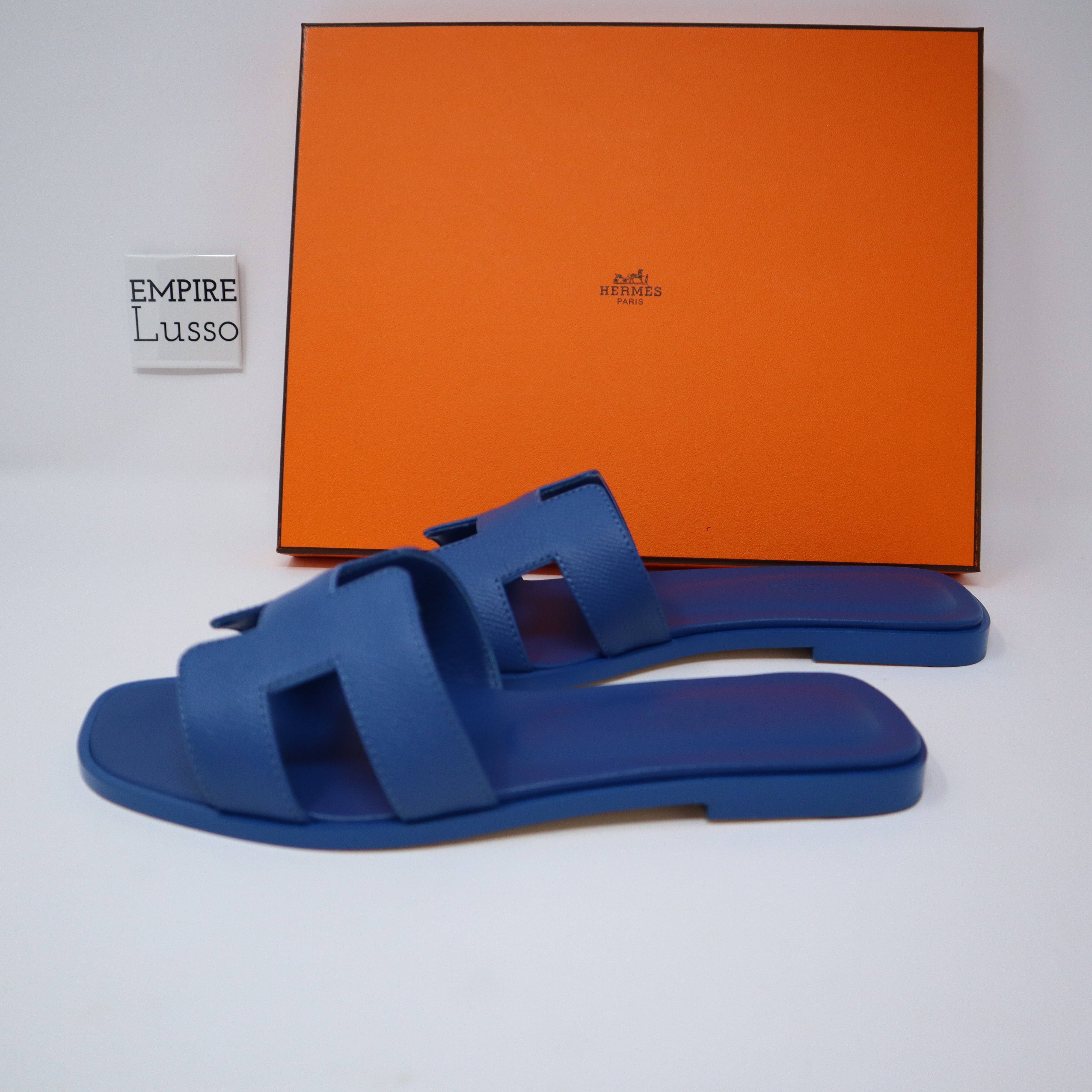 Hermes Blue Epsom Leather Oran Flat Sandals 37 – STYLISHTOP