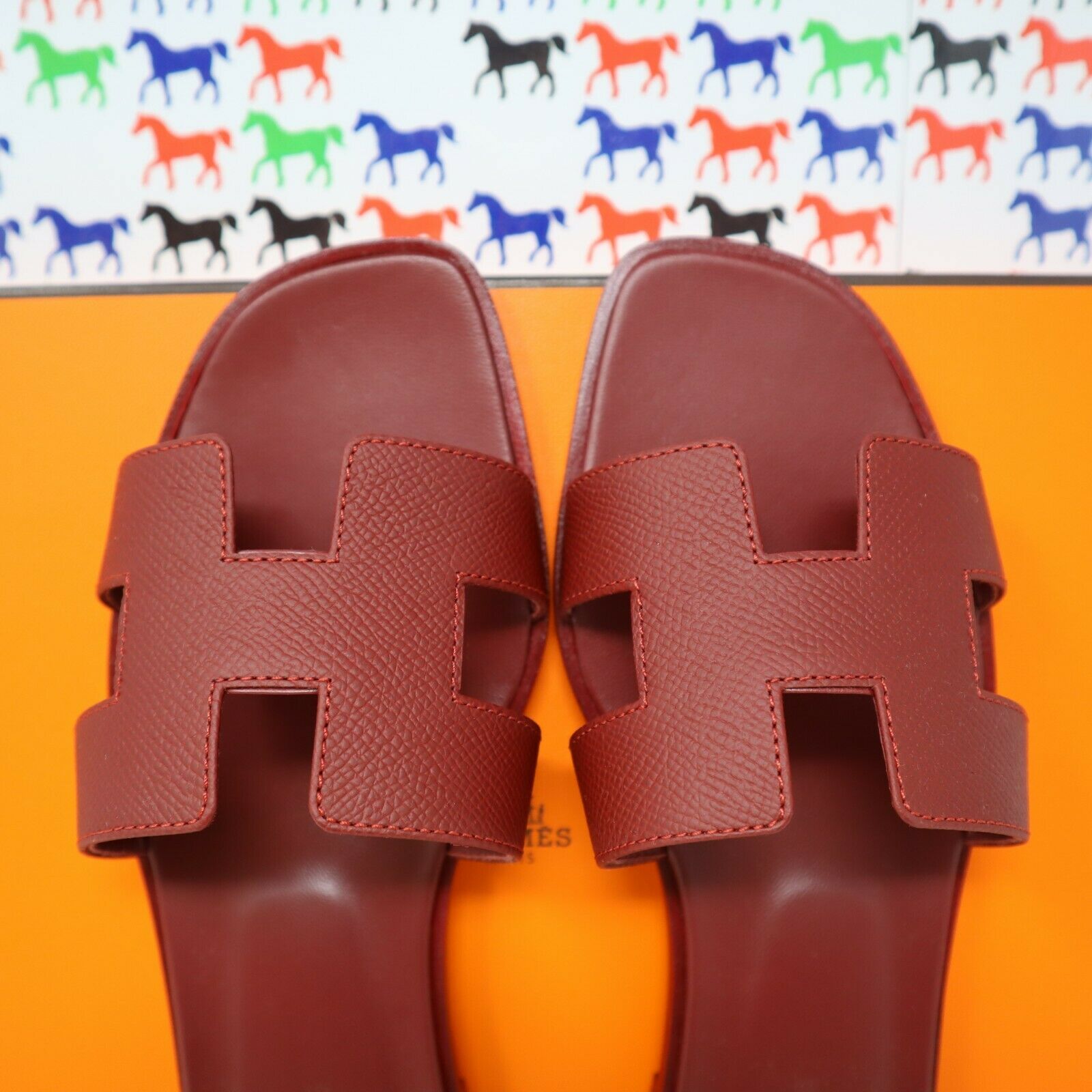 36 NEW HERMES ORAN H SANDALS SLIPPERS CLASSIC EPSOM ROUGE H RED