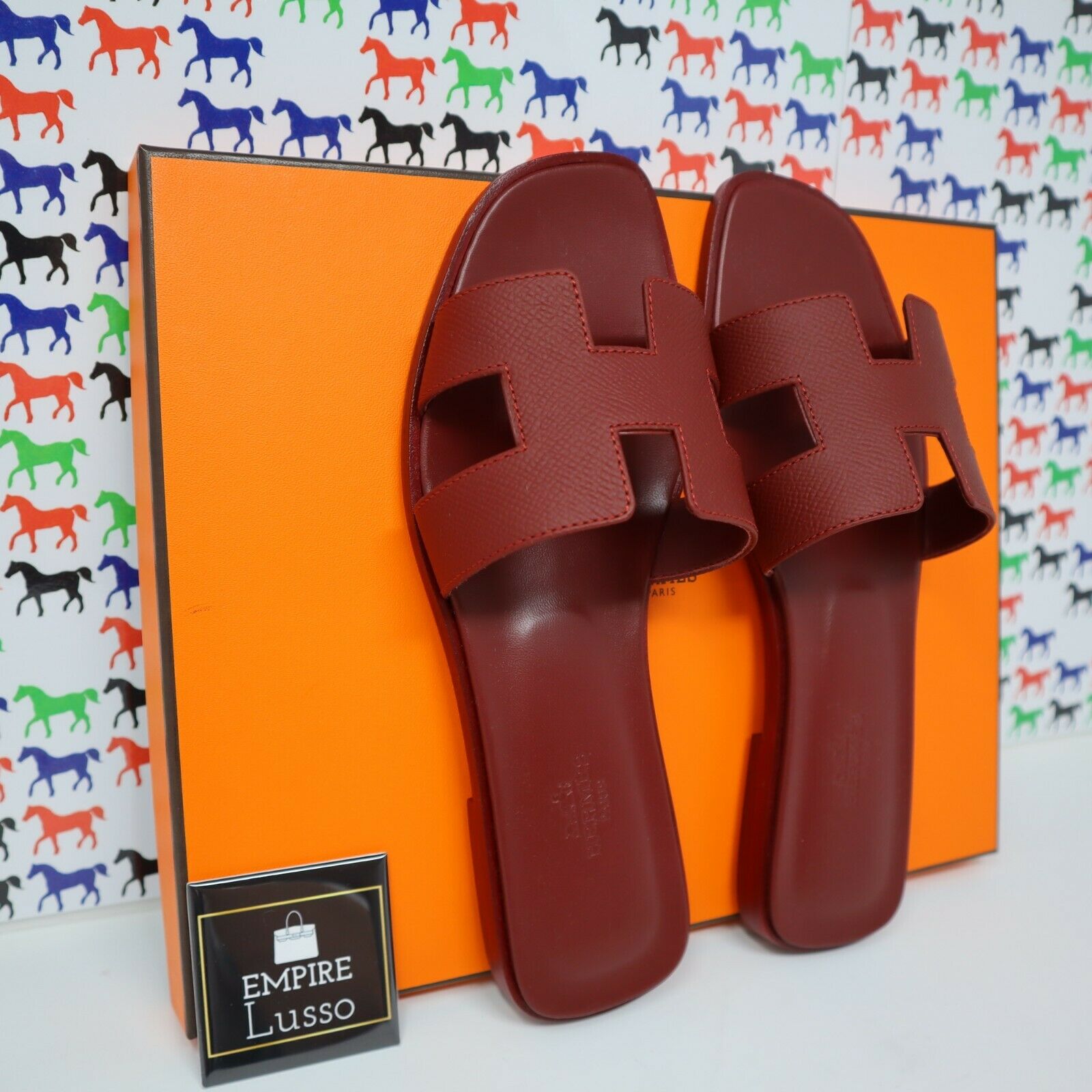 Hermes Rouge H Epsom Leather Oran Flat Sandals Size 4.5/35 - Yoogi's Closet