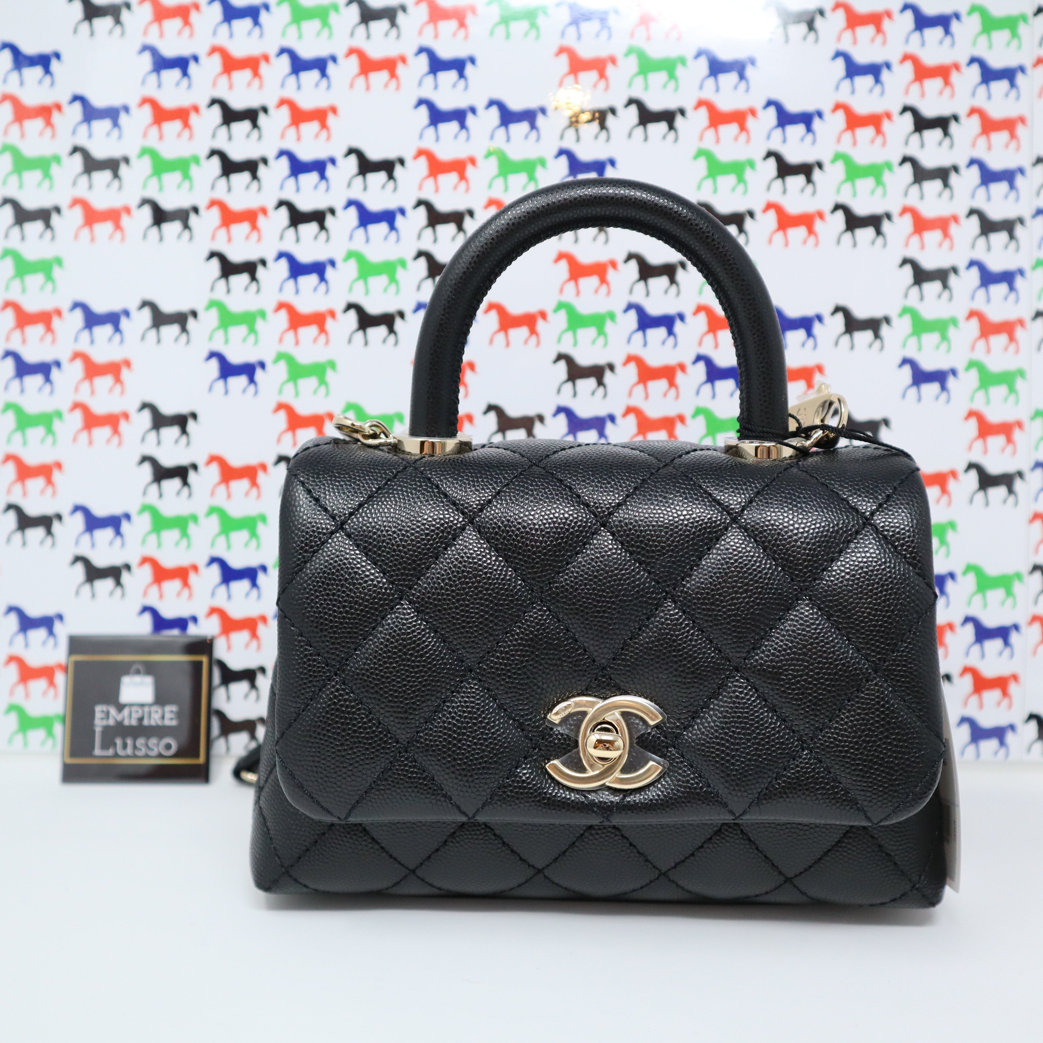 CHANEL CAVIAR QUILTED EXTRA MINI COCO HANDLE FLAP BLACK GOLD