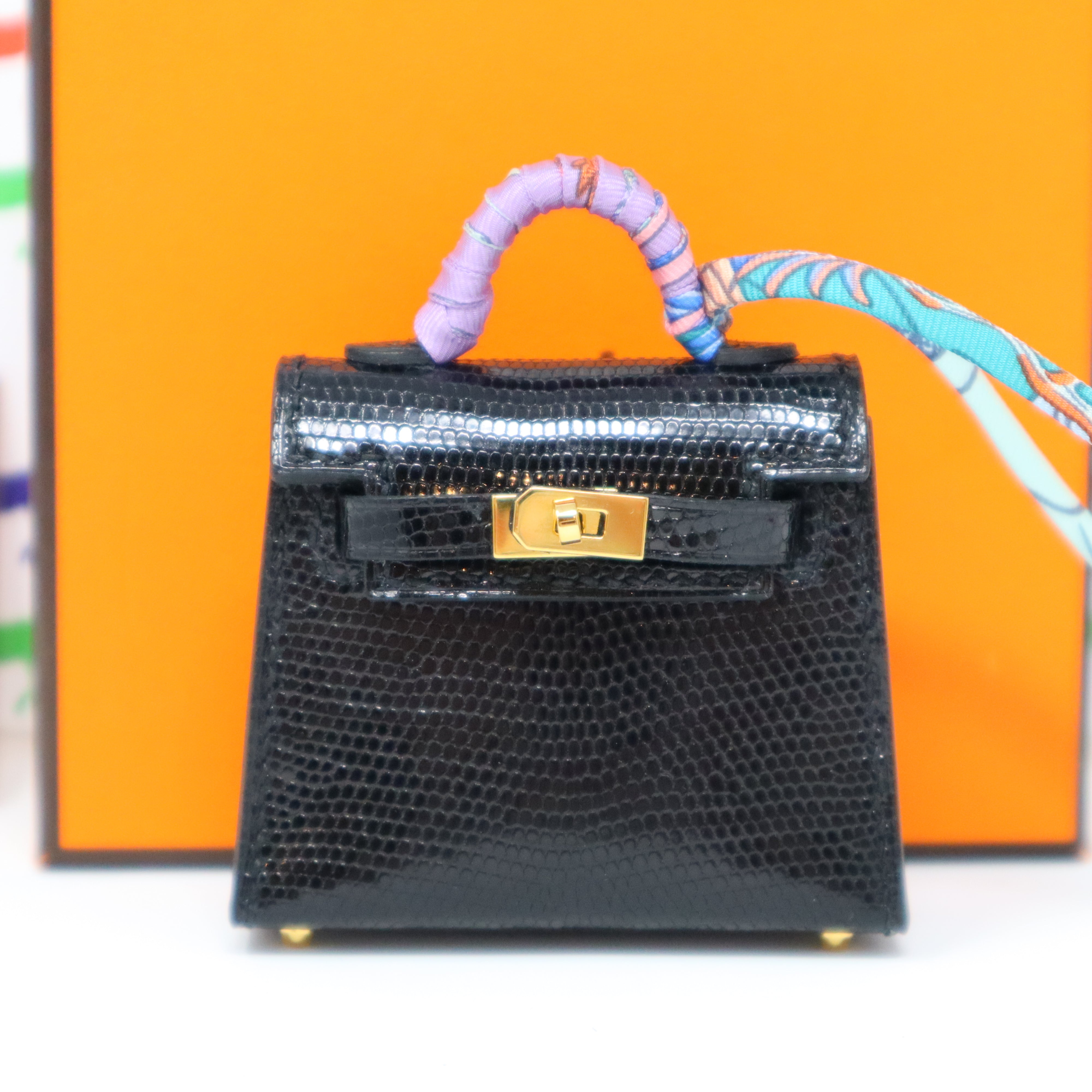 Hermes 15cm Micro-Mini Black Lizard Micro-Mini Kelly Bag with Gold