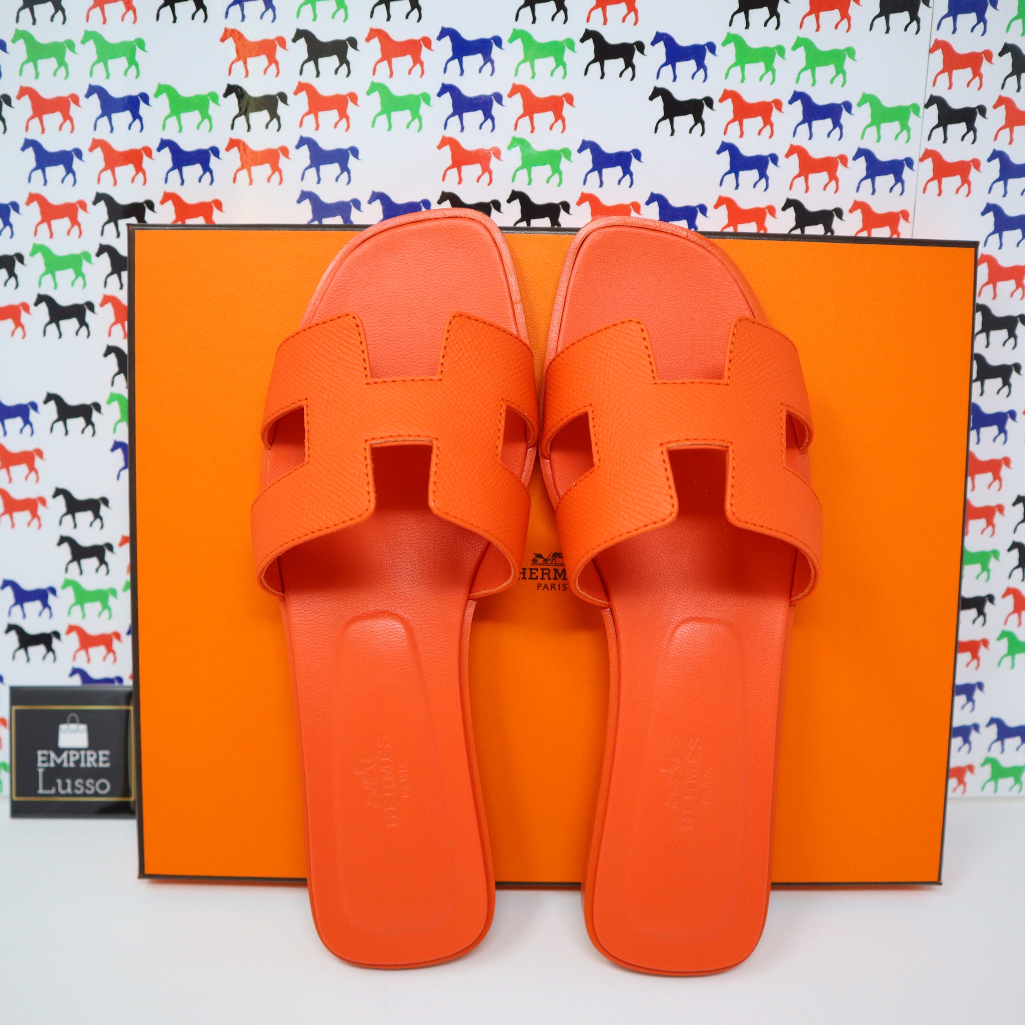36 NEW HERMES ORAN H SANDALS SLIPPERS CLASSIC EPSOM ORANGE POPPY $630 –  Empire Lusso