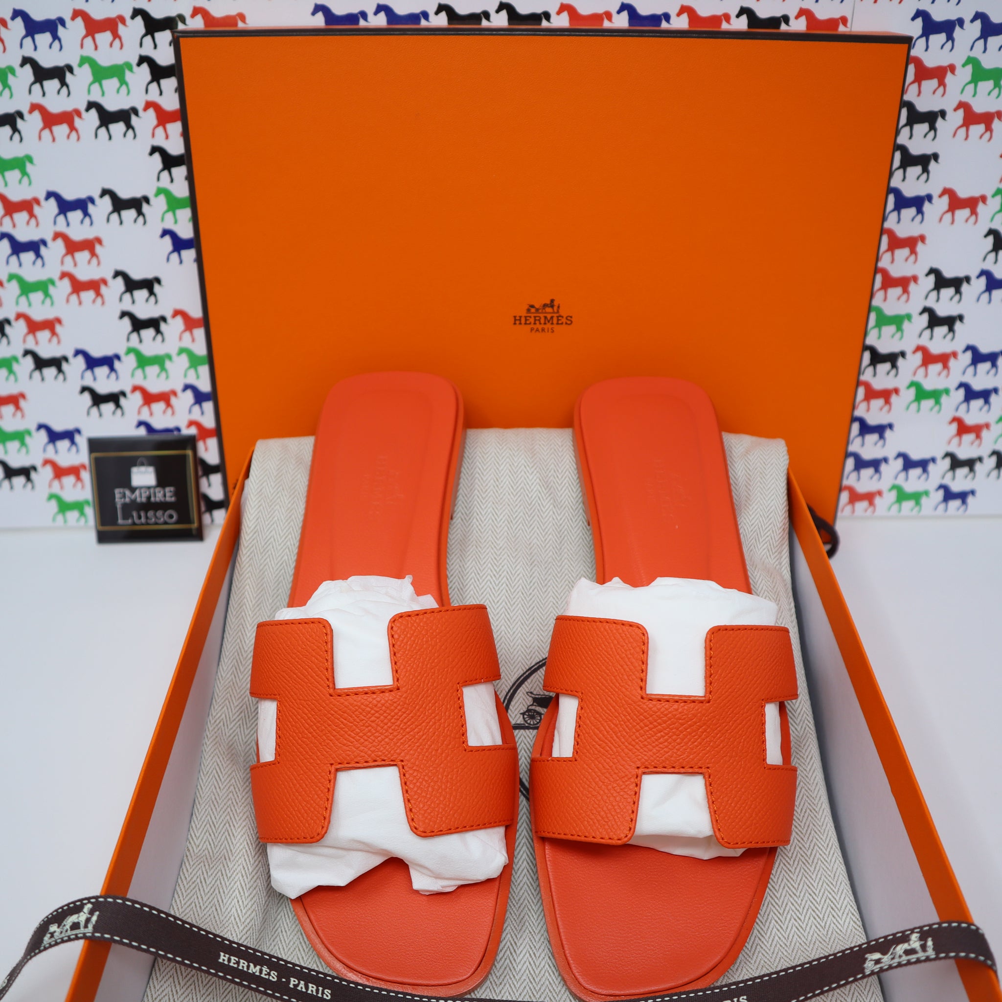 37.5 NEW HERMES ORAN H SANDALS SLIPPERS CLASSIC EPSOM ORANGE POPPY $63 –  Empire Lusso