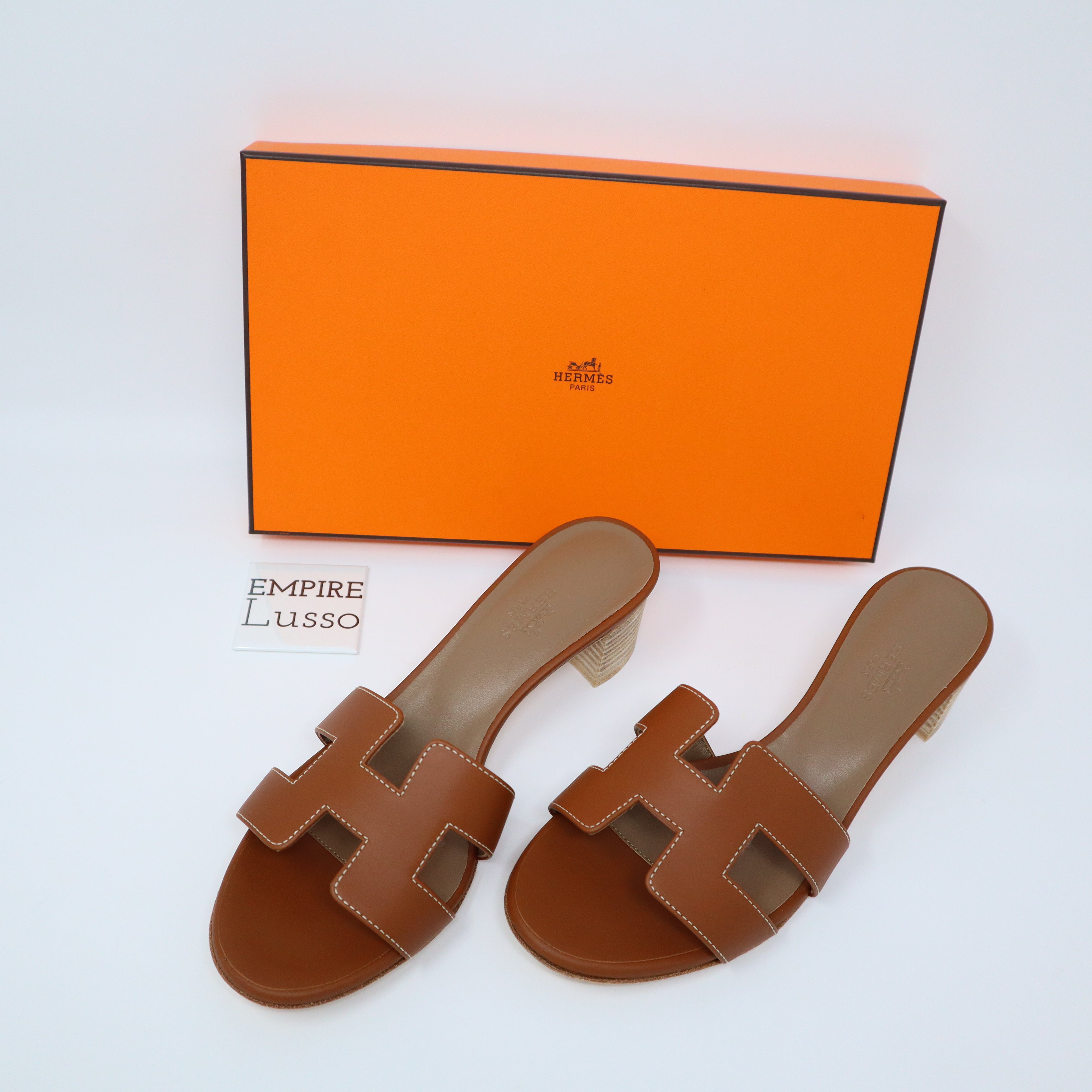 36 HERMES ORAN OASIS H SANDALS HEEL CLASSIC CALFSKIN GOLD BROWN