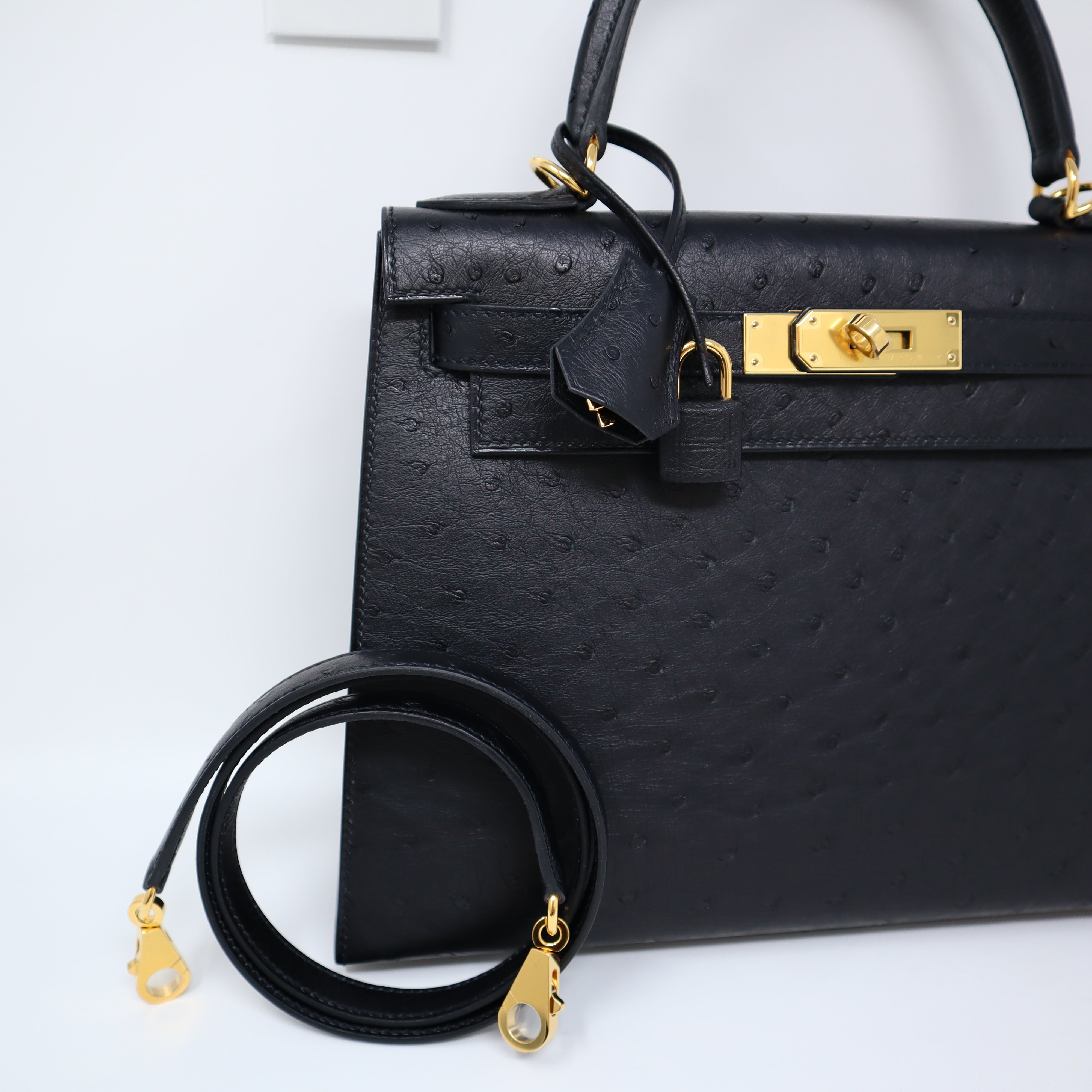 Hermès Kelly 20 Noir (Black) Sellier Ostrich Gold Hardware GHW