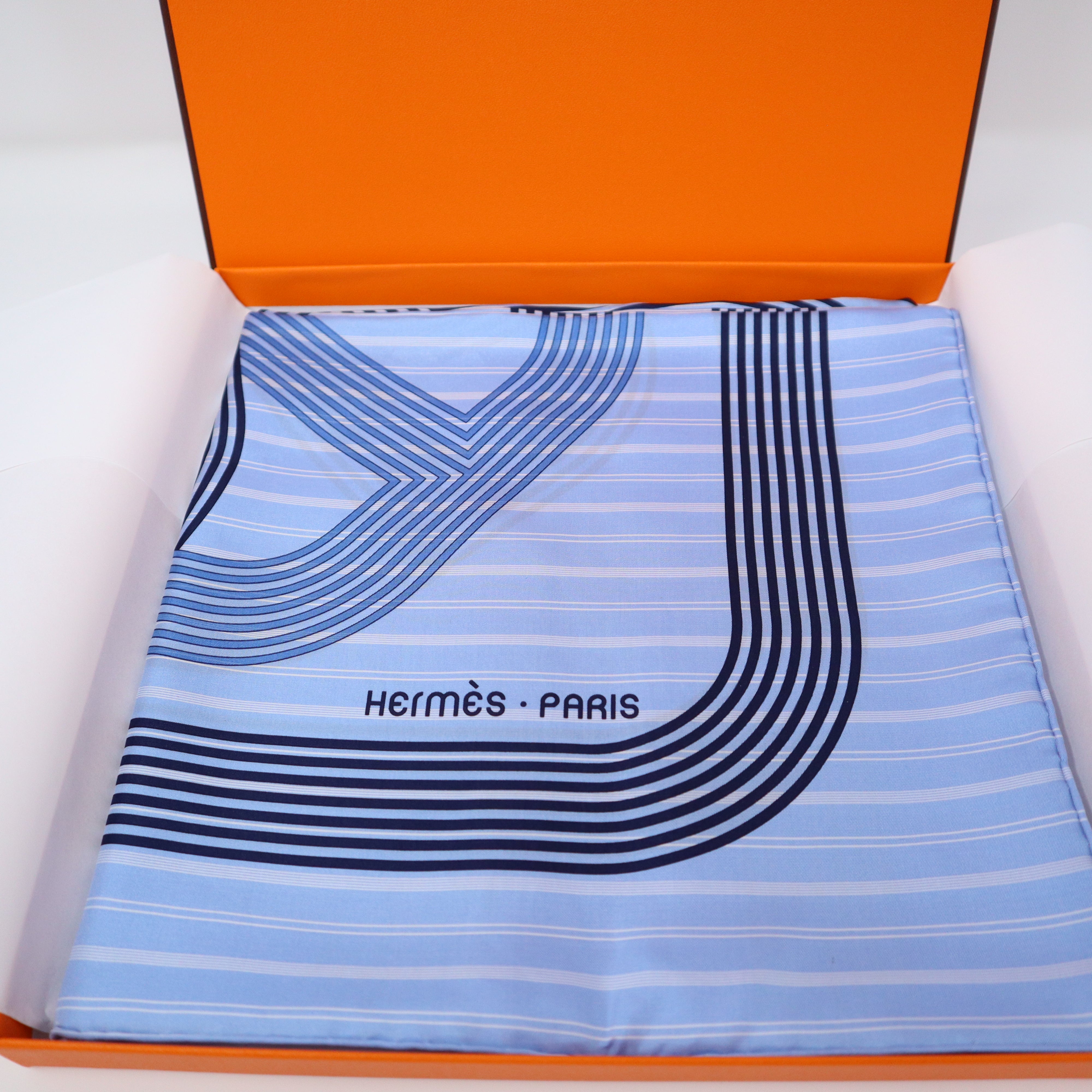 Hermes Silk Scarf 90 Le Premier Chant Orange/ Blanc/ Blue Ciel