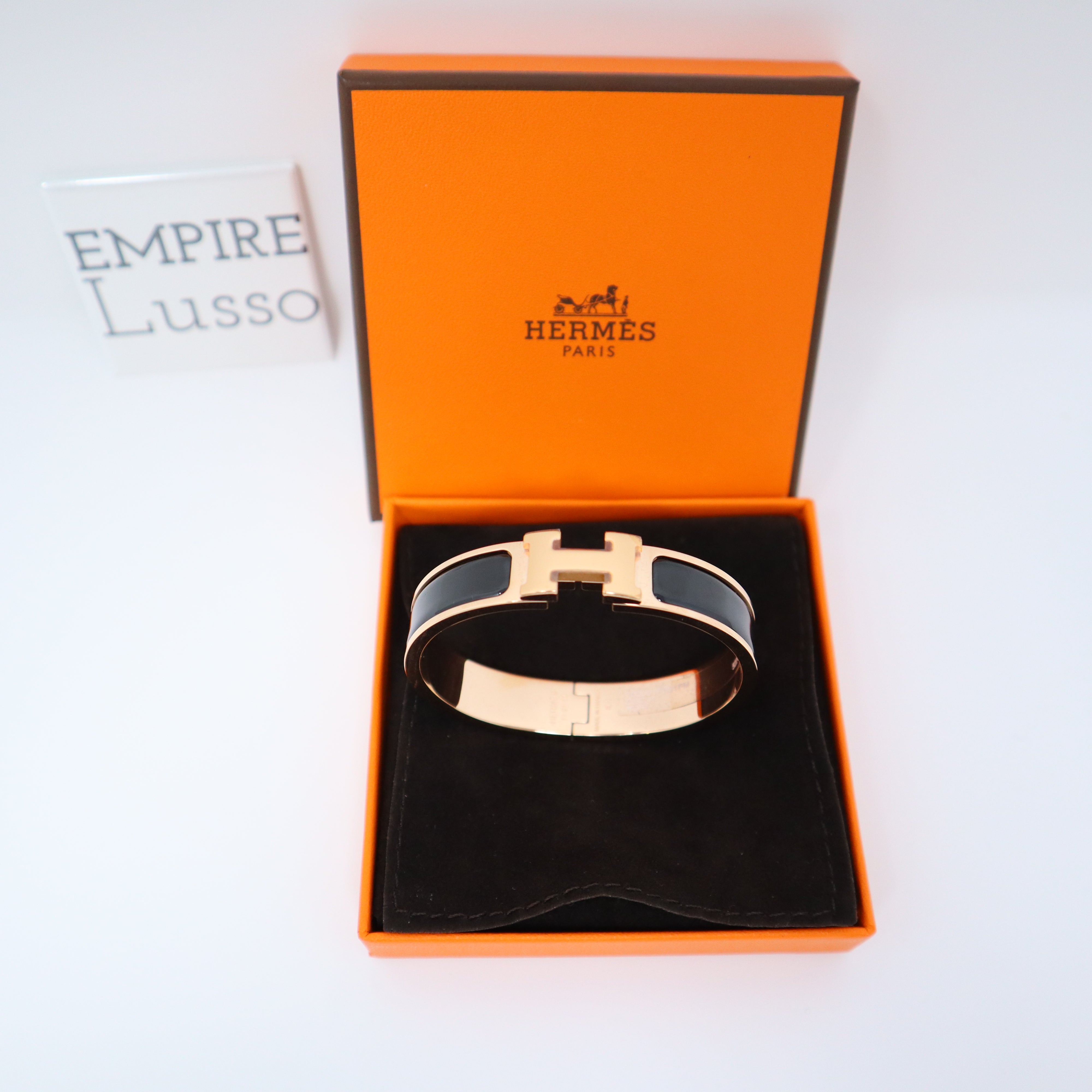 Hermès Clic Clac H Narrow Black Enamel Bracelet Gold Hardware