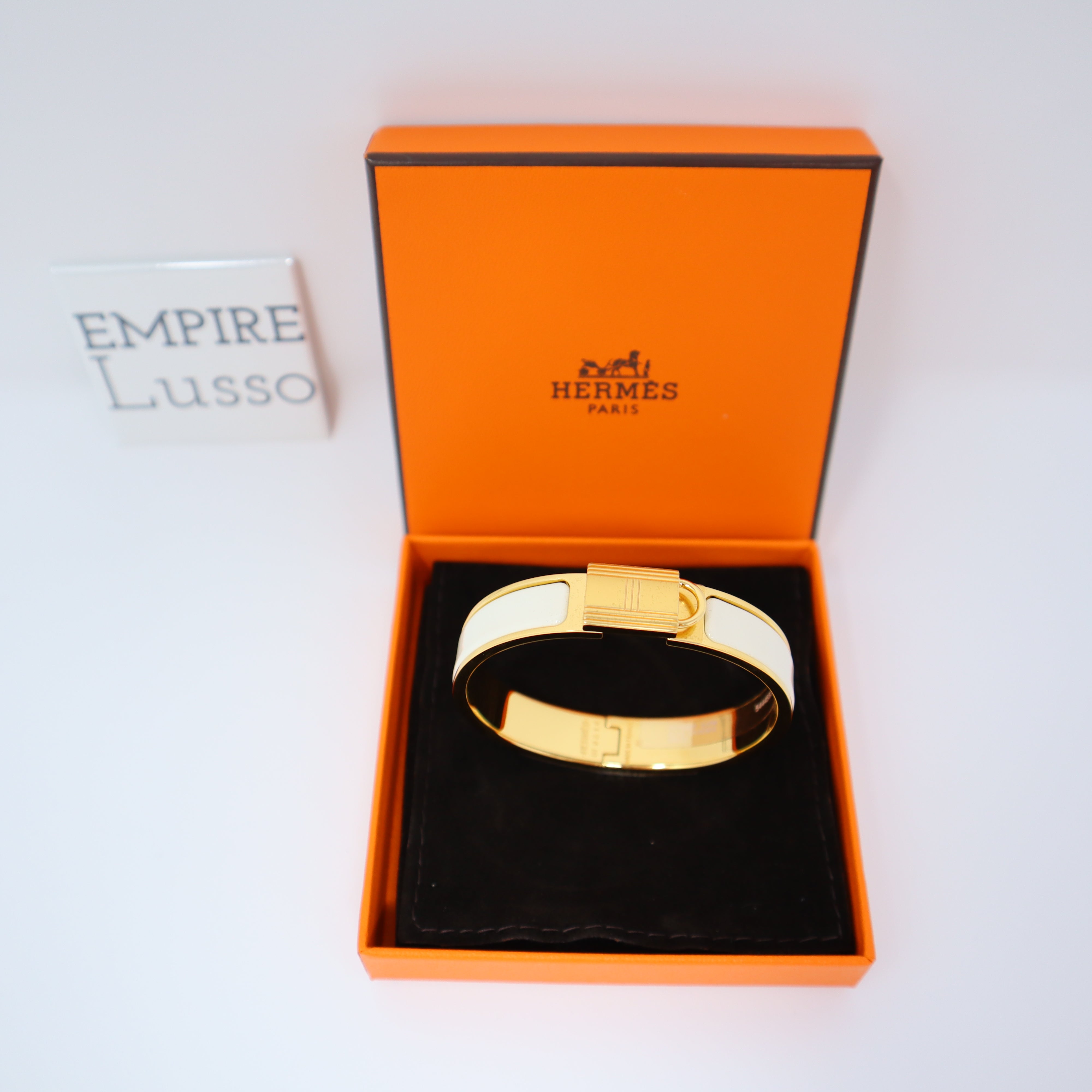 NEW HERMES CLIC Cadenas NARROW ENAMEL BRACELET CUFF PM CRAIE GOLD