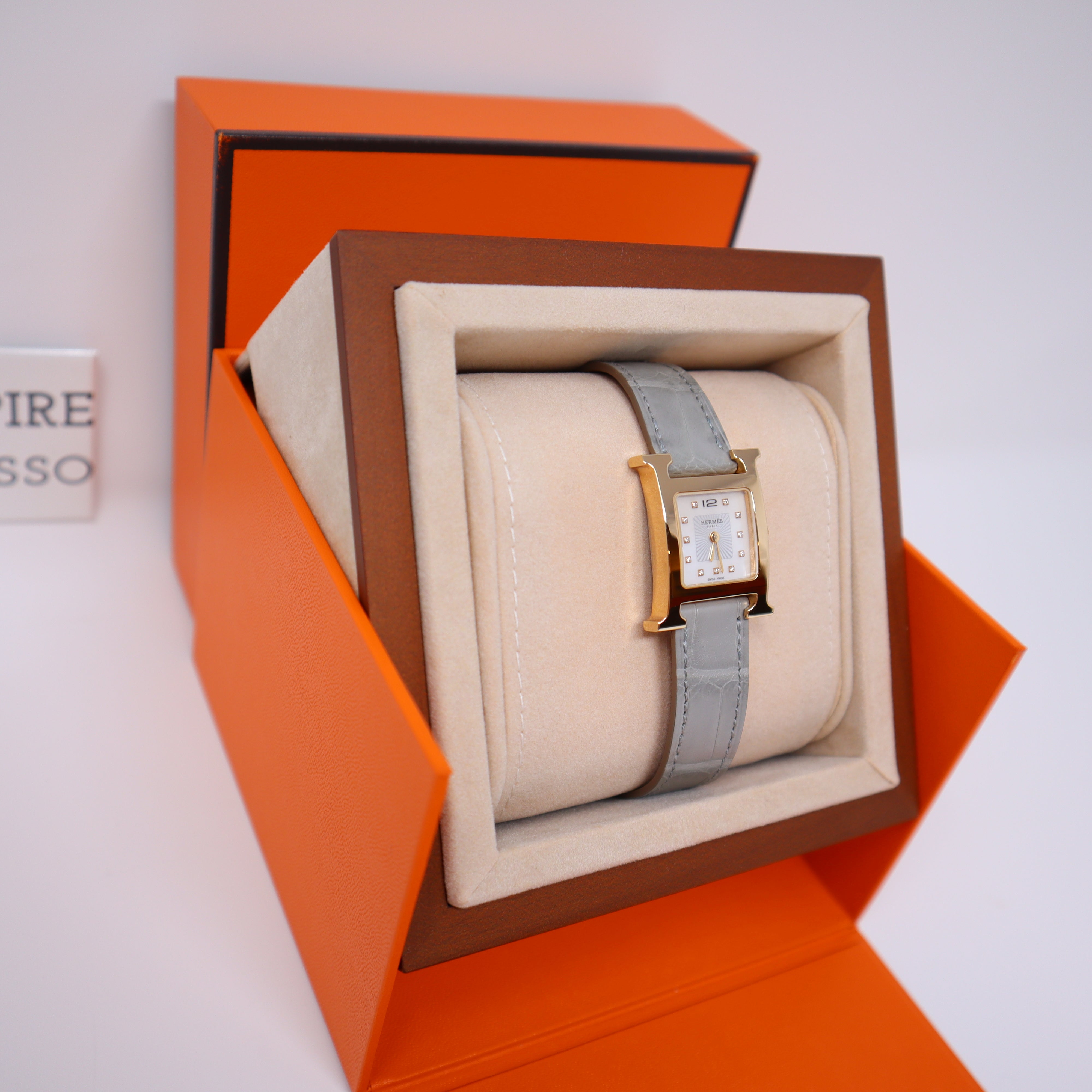 $4475 NEW HERMES H HEURE MM 21MM Crocodile Gris Pearl 11 Diamond