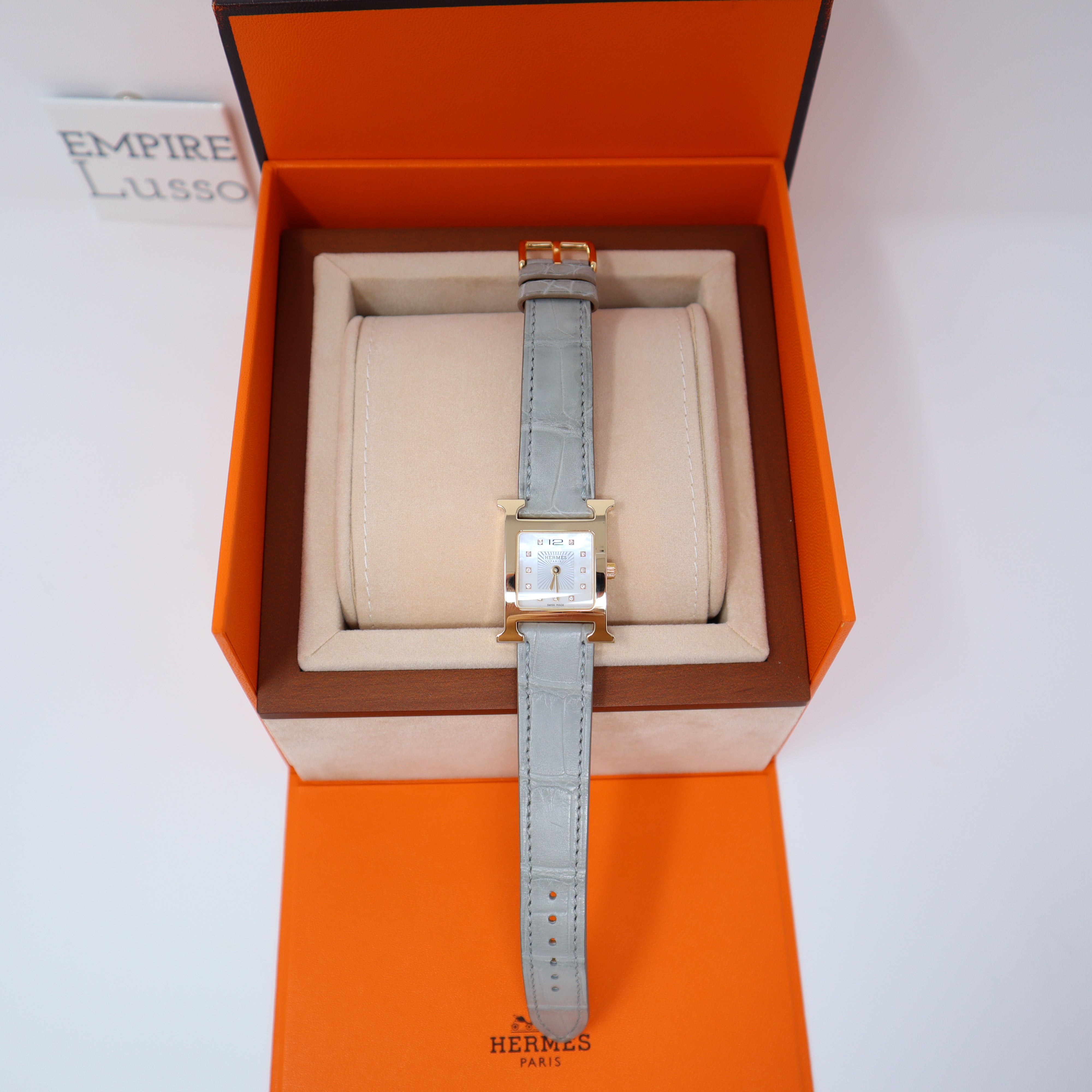 $4475 NEW HERMES H HEURE MM 21MM Crocodile Gris Pearl 11 Diamond