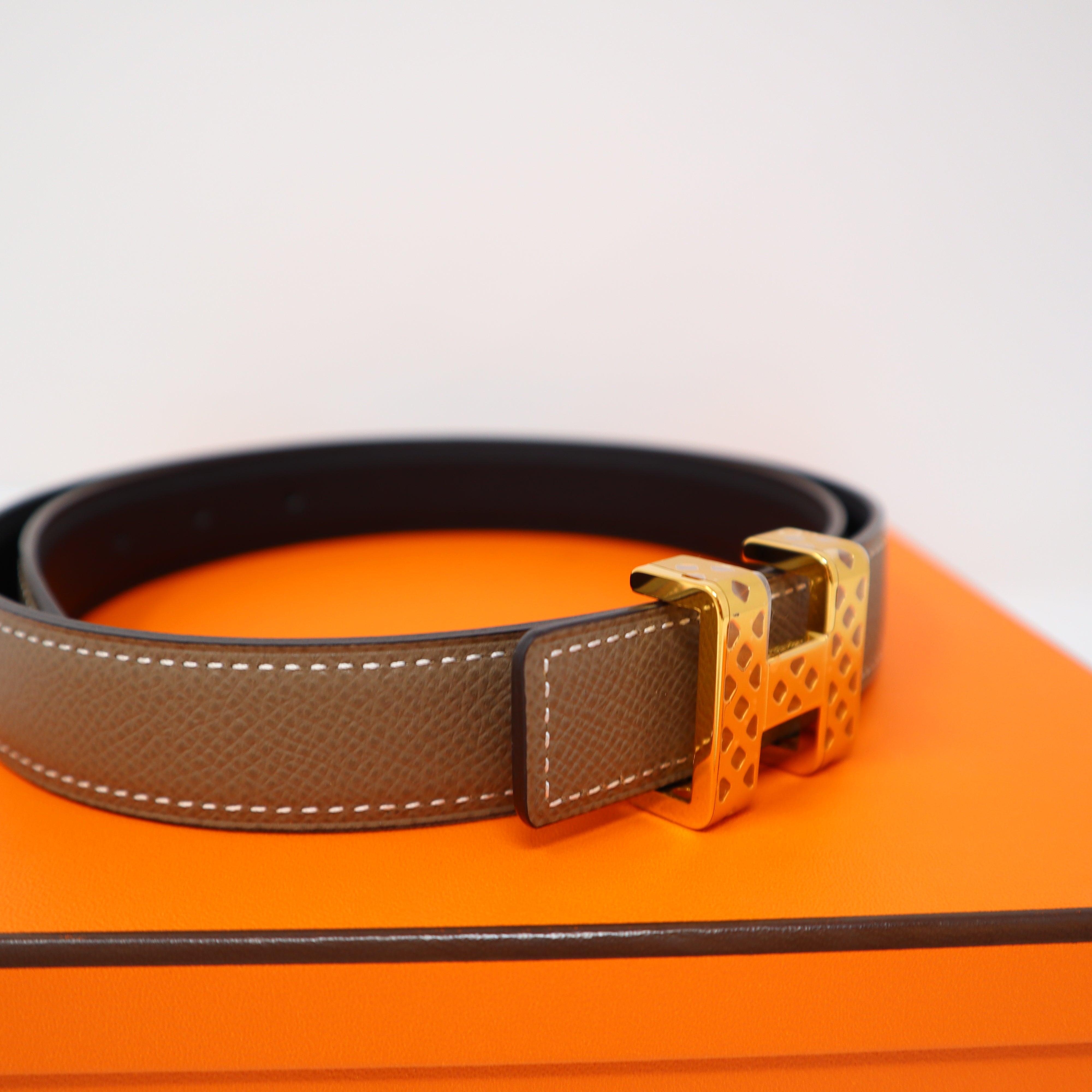Hermes Etoupe/Noir Epsom and Swift Leather Collier De Chien Reversible Belt  80 CM Hermes
