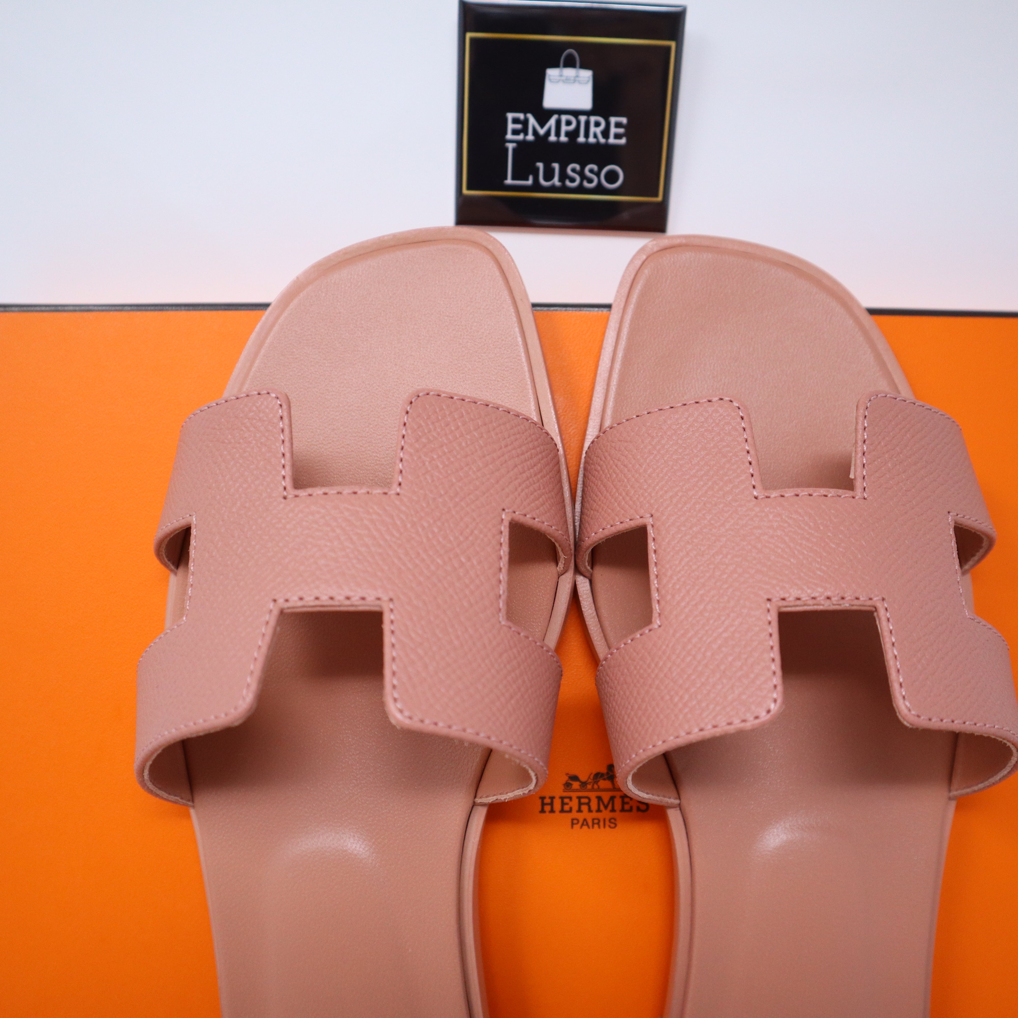 Hermes Oran Sandals Etoupe Epsom Leather Flat Shoes 38