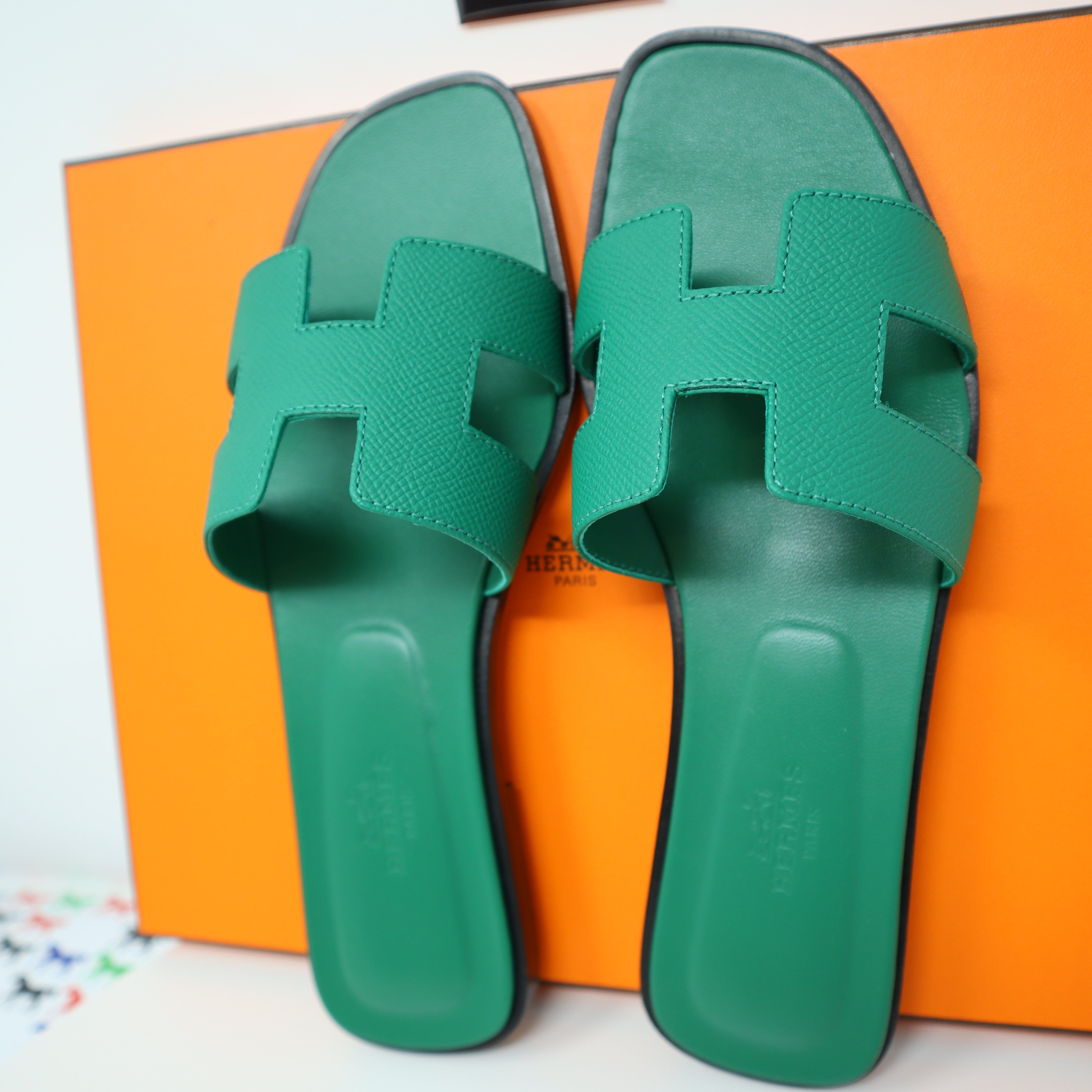 HERMES Epsom Oran Sandals 36 Vert Jade 1284049